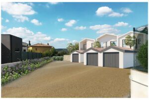 Vue d’ensemble de la villa neuve à vendre à Langlade, avec jardin et patio arboré