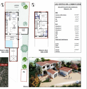 Plan du rez-de-chaussée de la villa neuve avec cuisine ouverte, buanderie, garage et patio avec bassin d’agrément