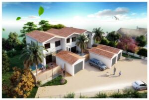 Vue d’ensemble de la villa neuve à vendre à Langlade, avec jardin et patio arboré
