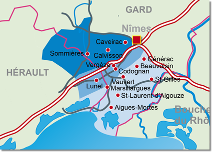 Carte de la Vaunage indiquant les principaux villages entre Nîmes et Montpellier