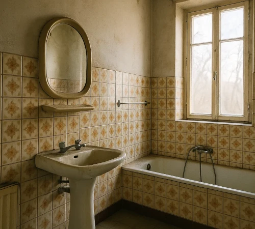 Salle de bains datée avec carrelage ancien, à rénover avant la vente d’un bien immobilier