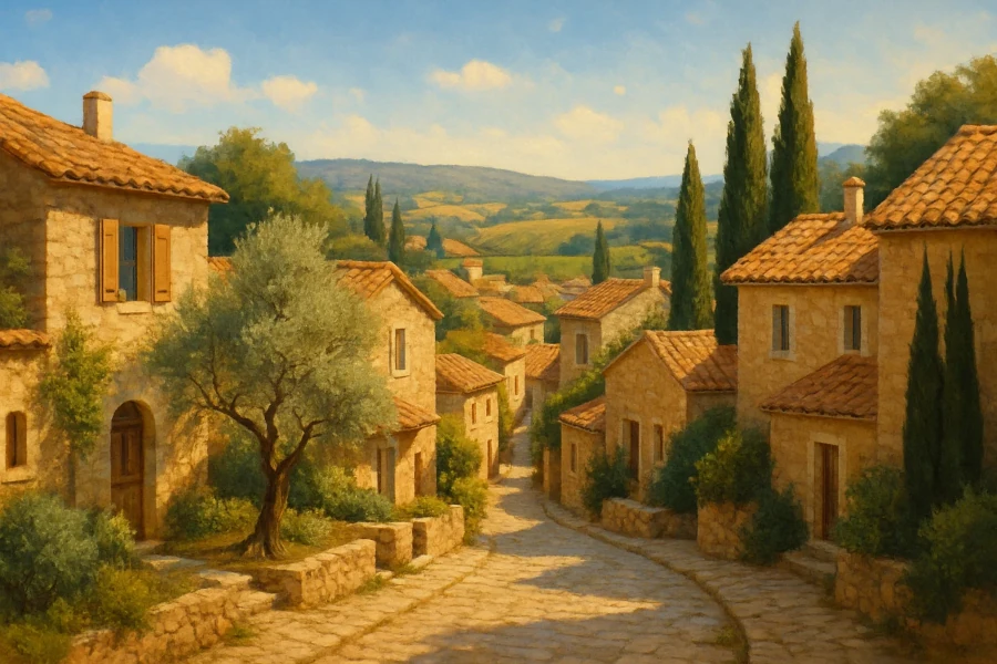 Paysage typique du Gard avec un village en pierre et maisons à vendre, cadre immobilier authentique