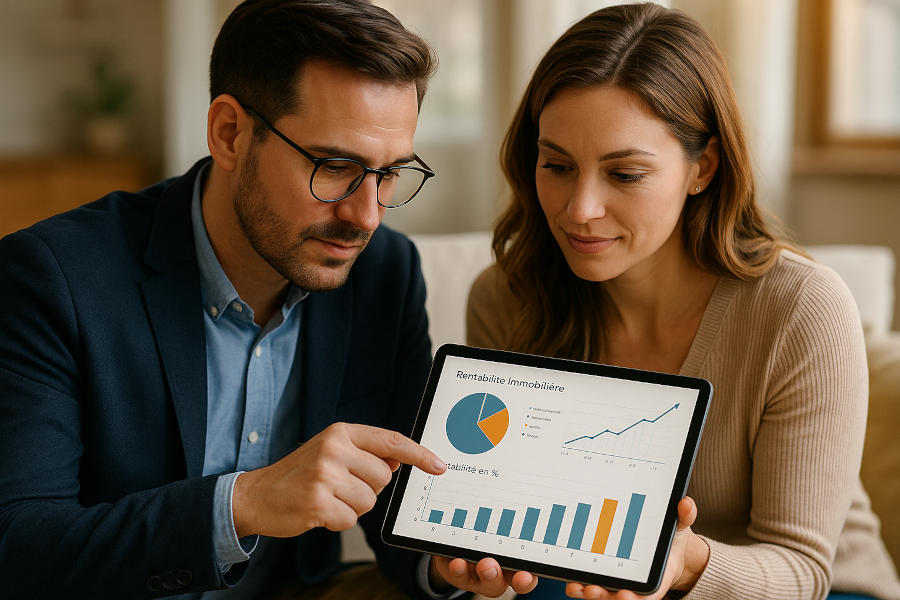 Couple analysant la rentabilité d’un investissement locatif sur une tablette, avec graphiques immobiliers à l’écran.